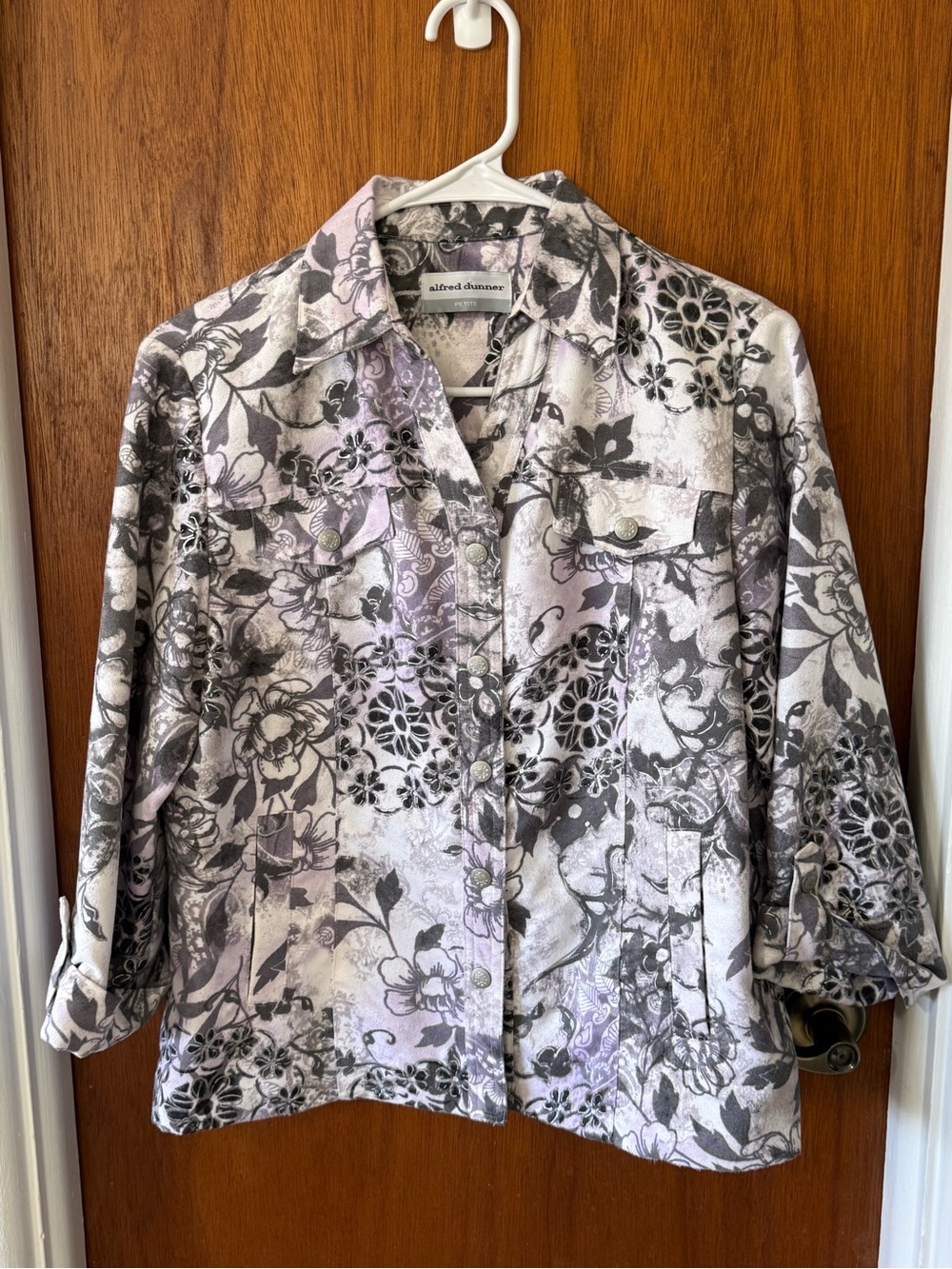 Alfred Dunner 6P Jacket Floral Paisley Lined Button Front Lavender Gray Petite